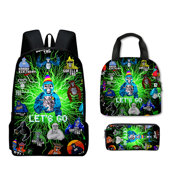 Gorilla Tag 3D -reppu lapsille, pojille ja tytöille, koululaukku, lounaslaukku ja penaali C