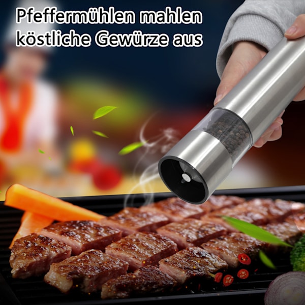 Elektrisk pepparkvarn saltkvarn, med justerbar keramisk kvarn 2-pack rostfritt stål kryddkvarn batteridriven med LED