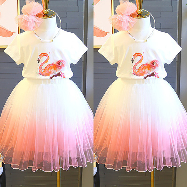 Flickor Barn Kortärmad Flamingo T-shirt Princess Party Outfits white 130cm