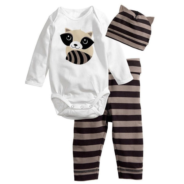 Newborn Baby Kläder Pojke Flicka Långärmad Romper Toppar + Byxor + Hatt Outfits Set Brown striped raccoon 95cm