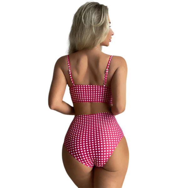 Dam Push Up Bikini Vadderad Lattice Baddräkt Set Hög midja Badkläder Simdräkt Rose red S