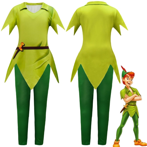 Barnfilm Peter Pan Halloween Fancy Green Elf Top Pants Hat Set 130cm