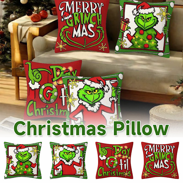 4 st jul Grinch kuddfodral, soffkudde, bil, hem, juldekoration, 45x45cm 4PCS