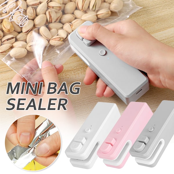 Mini Håndtak Chipspose Forseglingsmaskin, 2-i-1 Oppladbar Mini Poseforseglingsmaskin med Kutter og Magnet Grey