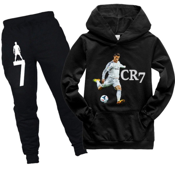 Barn Pojkar CR7 Ronaldo träningsoverall Set Huvtröja Sweatshirt Huvtröja Byxor Outfit Black 130cm