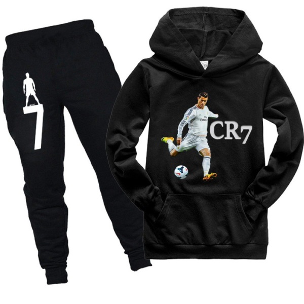 Barn Pojkar CR7 Ronaldo träningsoverall Set Huvtröja Sweatshirt Huvtröja Byxor Outfit Black 140cm