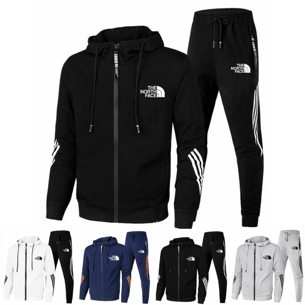 Män Helzippade Tryckt Hoodie Jacka Långa Sweatpants Joggers Sport Gym Tracksuit Set Black 2XL