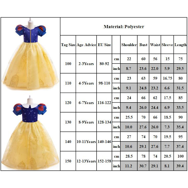 Snehvide Pigekjole Prinsesse Kostume Cosplay Julekjole 100cm