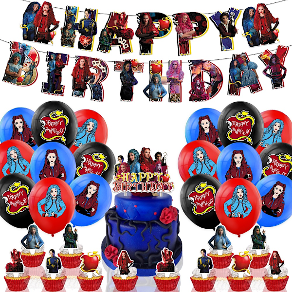 Descendants: The Rise of Red Bursdagsfest Utstyr Banner Ballonger Kake Cupcake Toppers Sett Dekorasjon