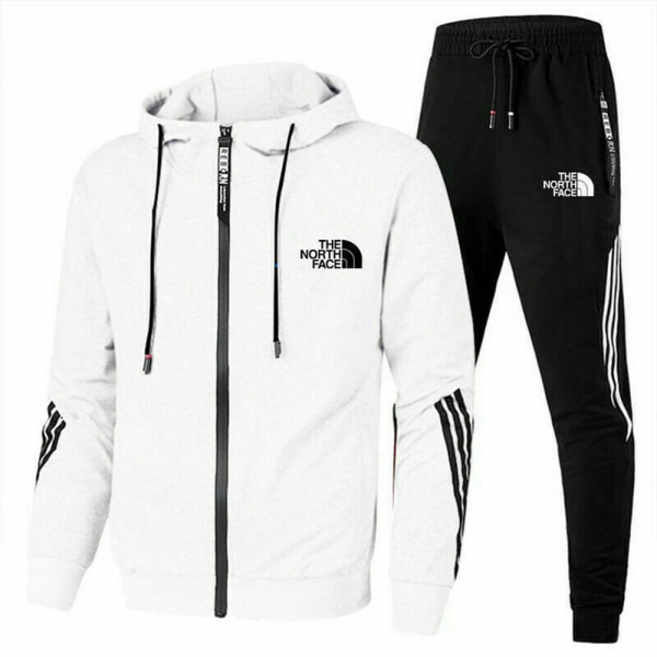 Män Helzippade Tryckt Hoodie Jacka Långa Sweatpants Joggers Sport Gym Tracksuit Set White S