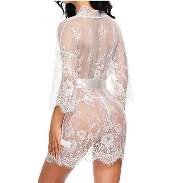 Kvinnors Spets Kimono Genomskinlig Robar Dam Sexig Lingerie Nattkläder Dressing Gown White S