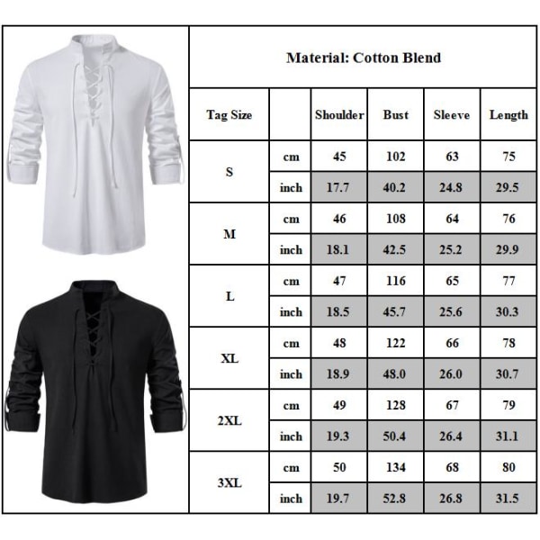 Herrar Medeltida Snörning T-shirt Gotisk Renässans Pirat Cosplay Kostym Retro White 3XL