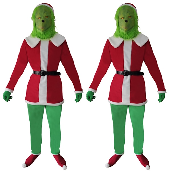 6PC Grön päls Monster Grinch Cos Suit Toppar Byxor Sock Handske