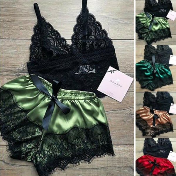 Damernas Öppna Satin Spets Lingerie Nattlinne Babydoll Pyjamas Set Fuchsia XL