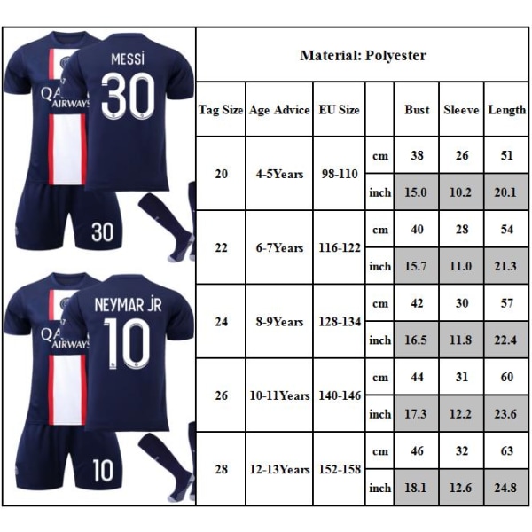 Paris Hem Fotbollströja Set Med Strumpor Nr 7 Fotbollskläder Fotbollsset För Barn Träningsdräkt Tröja Shorts Strumpor #30 22