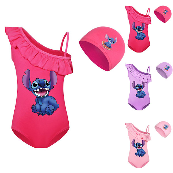 Lilo & Stitch Tryckt Barnflickor Monokini Baddräkt + Badmössa Kostym Surf Strandkläder Pink 160cm