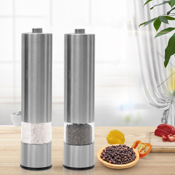 Elektrisk pepparkvarn saltkvarn, med justerbar keramisk kvarn 2-pack rostfritt stål kryddkvarn batteridriven med LED