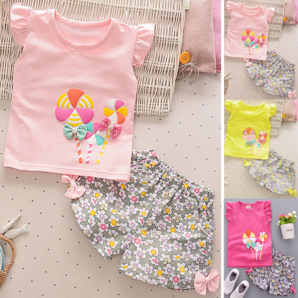 Girl Kid Summer Windmill Print Kortärmad Set Casual Outfit pink 80cm