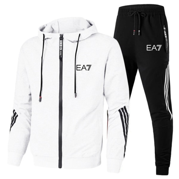 Män EA7 Sports Huvtröja & Byxor Set Långärmad Hel Dragkedja Hoodie Sweatshirt Jacka + Joggingbyxor Sweatpants Outfit Med Fickor White 2XL