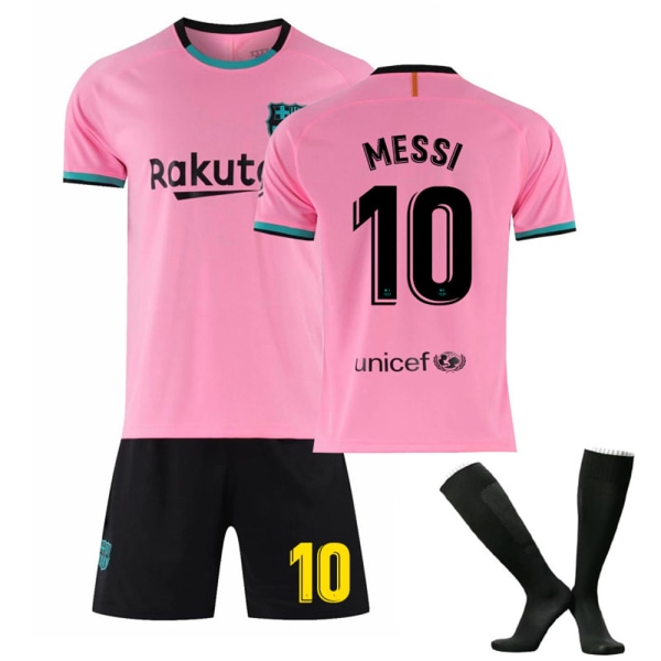 Barcelona Hemma Rosa Fotbollströja Barn Pojkar Jersey Set Shorts Med Strumpor 2020-2021 Nr 10 Messi #22