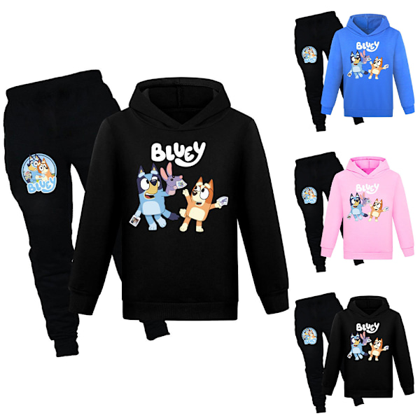 Barn Bluey Tryck Casual Hoodie Byxor Kostymer Pojkar Flickor Hoody Byxor Träningsoverall Set Black 130cm