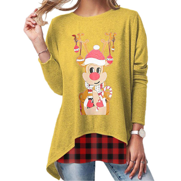 Köp Kvinnor jul tecknad blommig långärmad skjorta toppar plus storlek  Yellow 3XL | Fyndiq