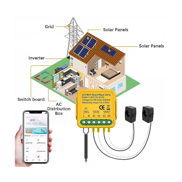 Tuya Wifi Power Meter Monitor 2-kanals energiströmsmonitor i realtid Automationsmeddelanden Smart L yellow