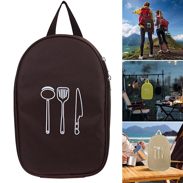 Campingredskap Picknick BBQ förvaringsväska Färgtät och lätt att rengöra förvaringspåse för servis Gaffel Sked Ätpinnar qd best Khaki