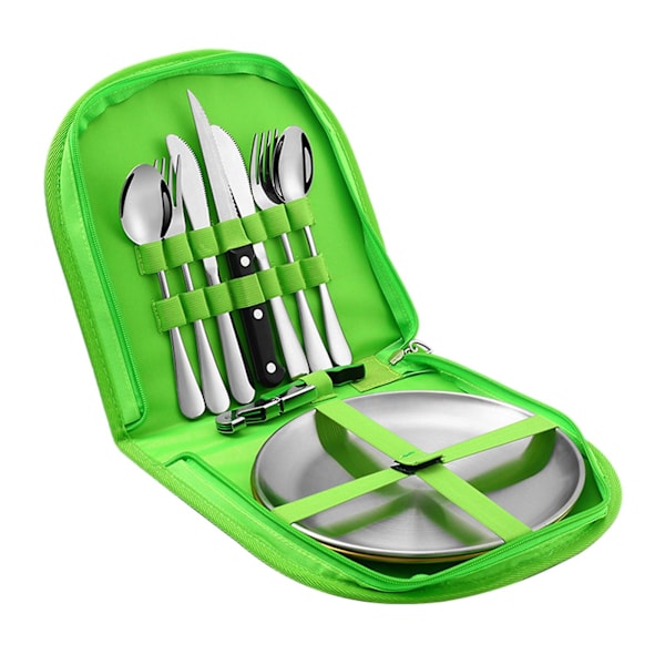 Bärbart Silverset Camping Servis Med Förvaringsväska För Utomhuspicknick qd best Green Silver