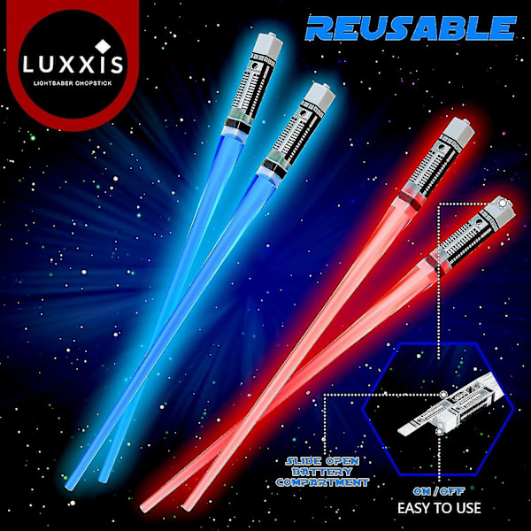 Otwoo Lightsaber Ätpinnar Light Up Glödande Chop Sticks För Star Wars Set Temafest Kul [2 par rött och blått set] med flasköppnare och present Red Blue