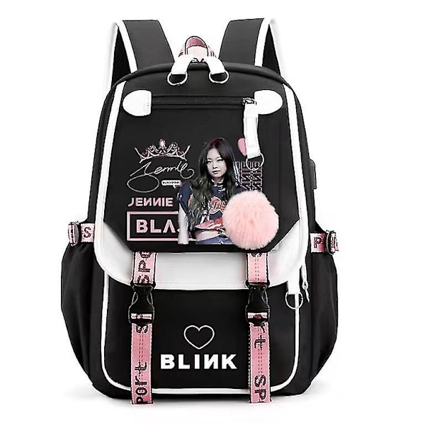 Svart ryggsäck för bärbar dator från BlackPink med USB-laddningshål för hörlurar, Lisa, svart Jennie Kim