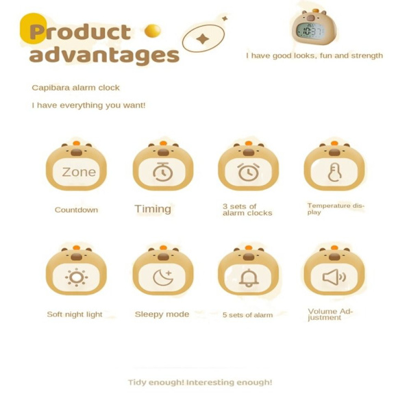 Capybara ABS Väckarklocka USB Laddningsbar Timer LED Temperaturvisning Sängbord Söta Väckarklocka för Barn qd