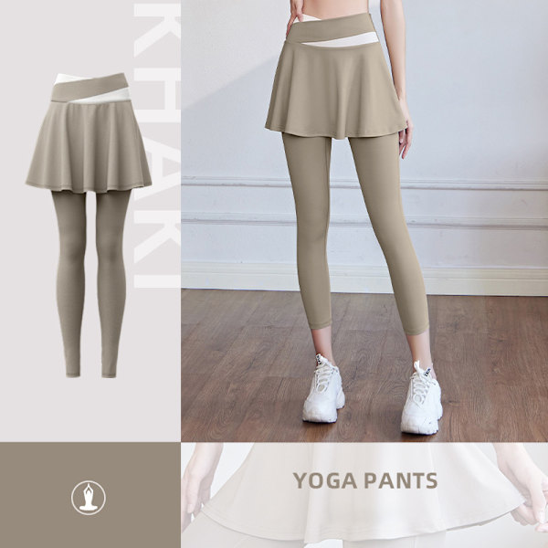 Yoga Byxa Med Kjol Dam Två Delar Fitness Sport Tighta Byxor Khaki qd Khaki L