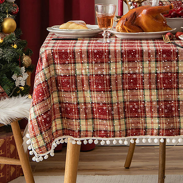Jul Bomull Linne Bordsduk Dekorativ Päls Bolla Bordsunderlägg för västerländsk mat Snöflinga Bordsduk Red Snowflake Ball Plaid qd Red Snowflake Ball Plaid 140*260cm