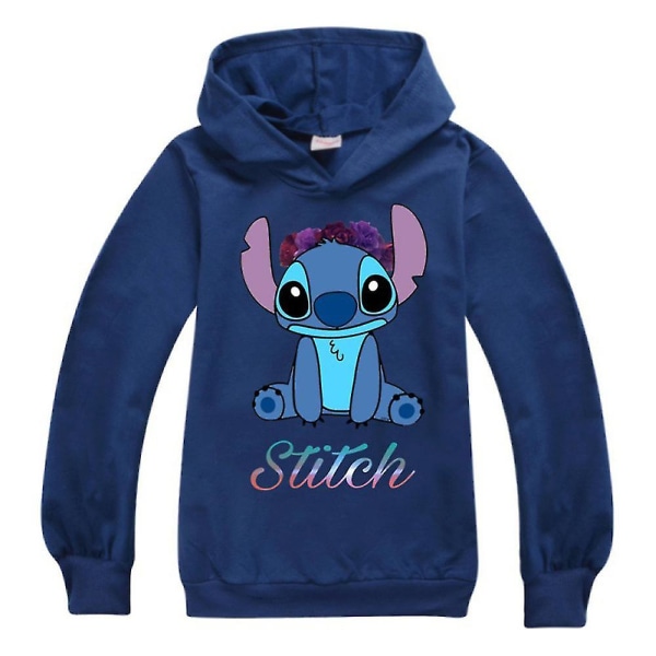 7-14 år Barn Pojkar Flickor Lilo & Stitch Print Hood Sweatshirt Pullover Toppar qd best Navy Blue 11-12 Years