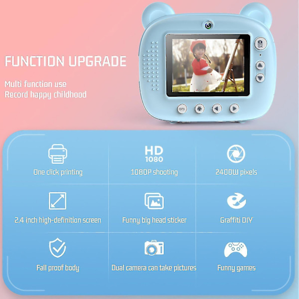 Print för barn, 24 mp digitalkamera för barn 3-12 år Bläckfri utskrift 1080p videokamera för barn, med musikspelare, färgpennor , print