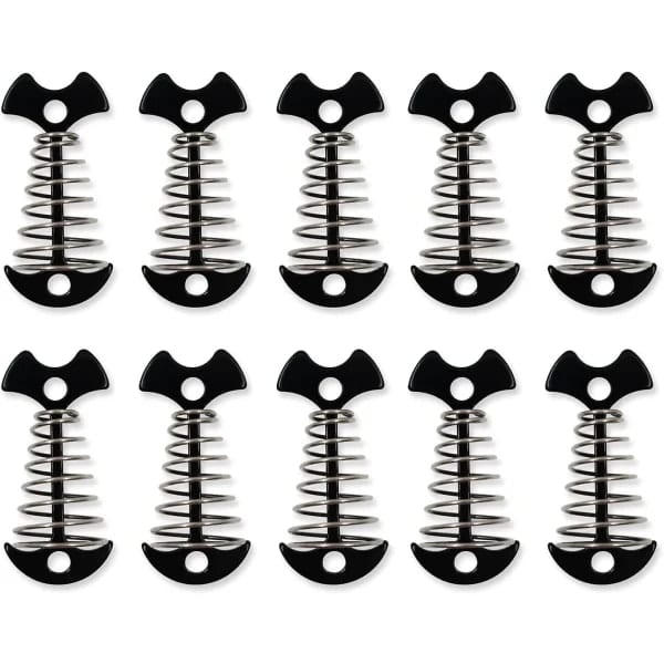 10-pack fjäderbelastade tältpinnar med spännare qd