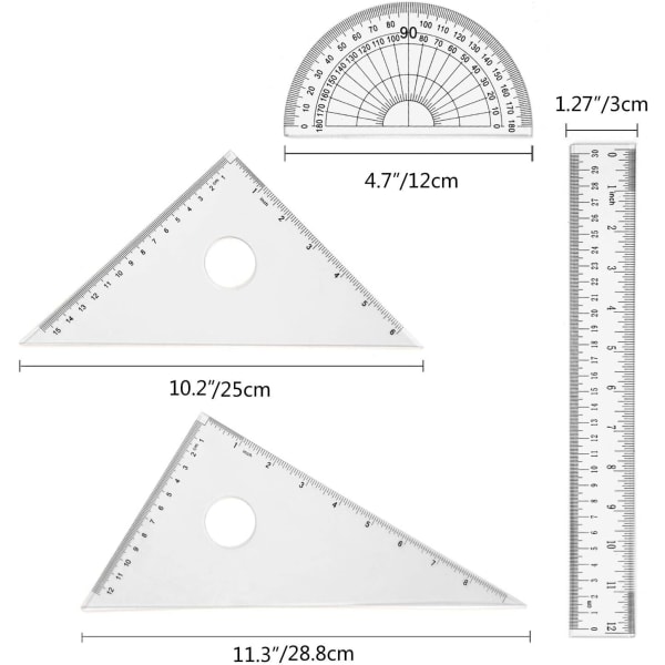 4 deler matematikk geometri verktøysett inkluderer plast klar linjal