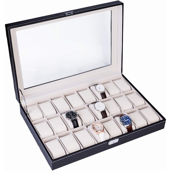 Watchbox Klockbox för 24 klockor PU-läder - svart med vit söm black 2519