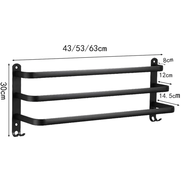 Håndklædeholder, håndklædeholder, rustfrit stål, vægmonteret, 3 lag, badeværelse/køkkenhåndklædeholder (sort, 50 cm)