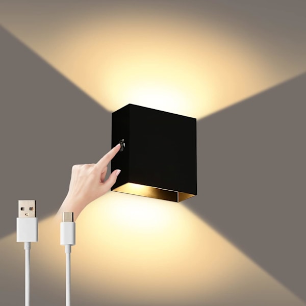 2 stk Vegglamper Dimmbare, Touch Vegglampe USB Oppladbar Opp