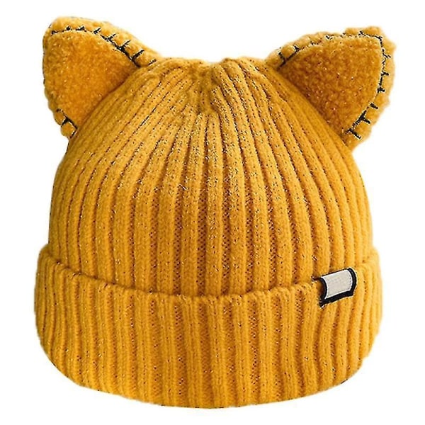 Kawaii Katteøre Hat Sød Ensfarvet Varm Uld Strikket Hat Efterår Vinter Beanies Yellow
