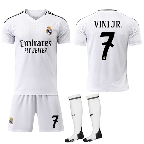 2024-2025 Real Madrid Hjemme Børn Voksen Fodboldtrøje med Strømper No.7 VINI JR 18 No.7 VINI JR