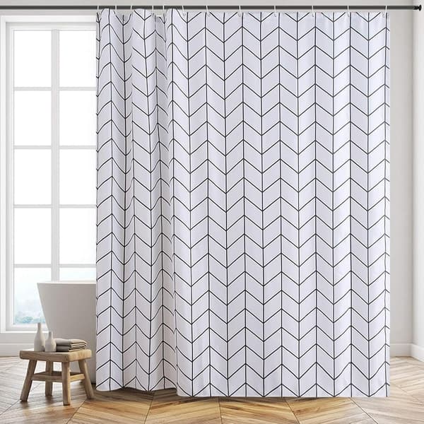 Skimmelresistent og vandtæt badeforhæng i vaskbar polyester, hvidt sildebensmønster, til badekar, badeværelse, lang 200x180cm-FA-