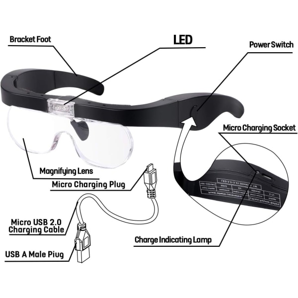Huvudmonterat förstoringsglas USB uppladdningsbar handsfree förstoringsglas med
