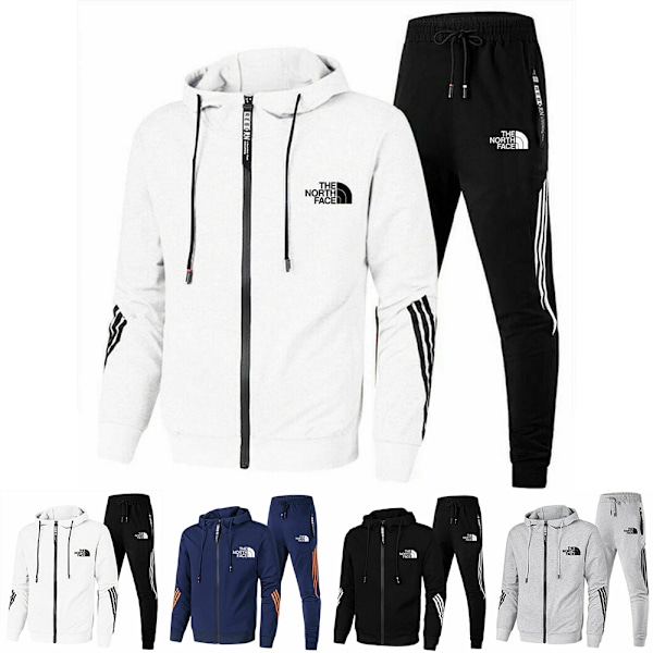 Herr \"The North Face\" Tryckt Träningsoverall Set Dragkedja Hoodie Jacka Joggers Byxor Sportkläder Outfit Ljusgrå Light Grey L