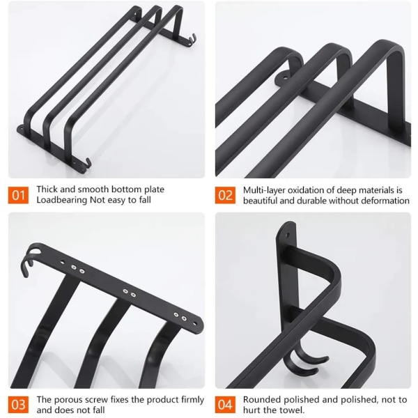 Håndklædeholder, håndklædeholder, rustfrit stål, vægmonteret, 3 lag, badeværelse/køkkenhåndklædeholder (sort, 50 cm)