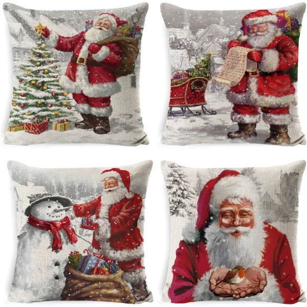 4 kpl jouluaiheisia tyynynpäällisiä puuvillasta ja pellavasta, söpöjä Caroo-kuvioita
