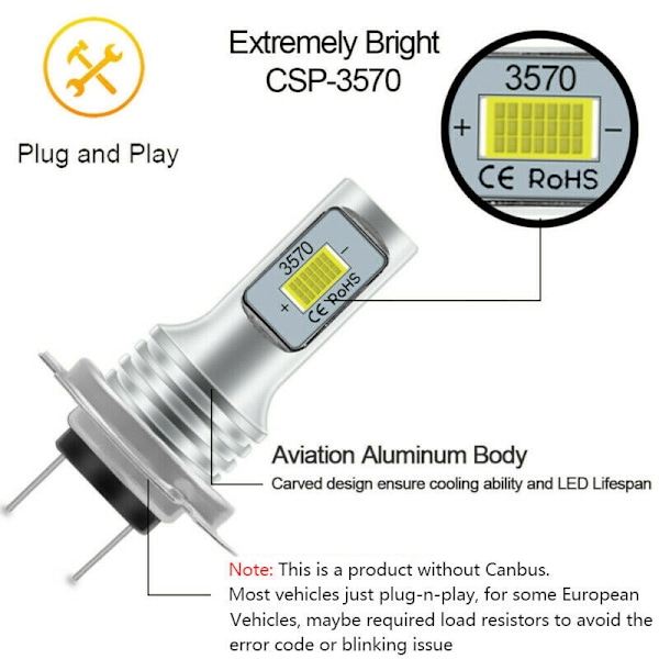 2ST H7 LED Bil Ettermonterte pærer DRL H4 frontlykter
