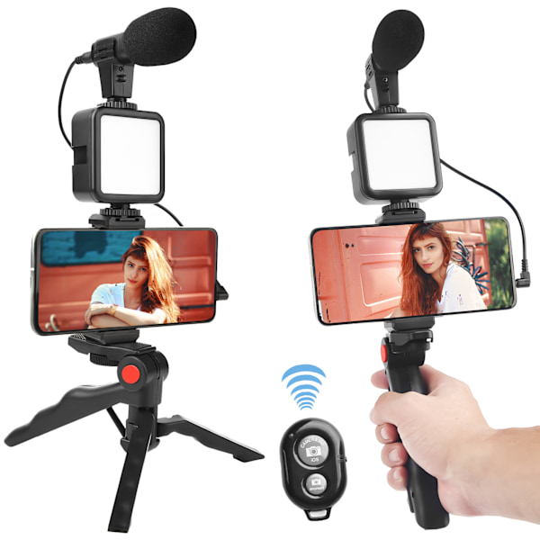 Vlogging Video Kit med Stativ Mikrofon LED Lys Telefonholder